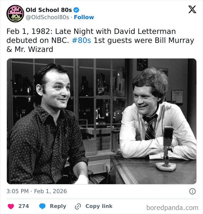 Black and white photo of a late night talk show from the 80s featured on a popular memory lane X page.