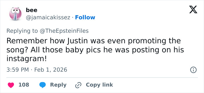 Tweet discussing fans linking Justin Bieber and Epstein through the Yummy music video and related social media posts.