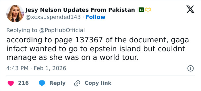 Tweet discussing Lady Gaga's alleged ties with Epstein as new files spark public chatter amid Grammy performance.