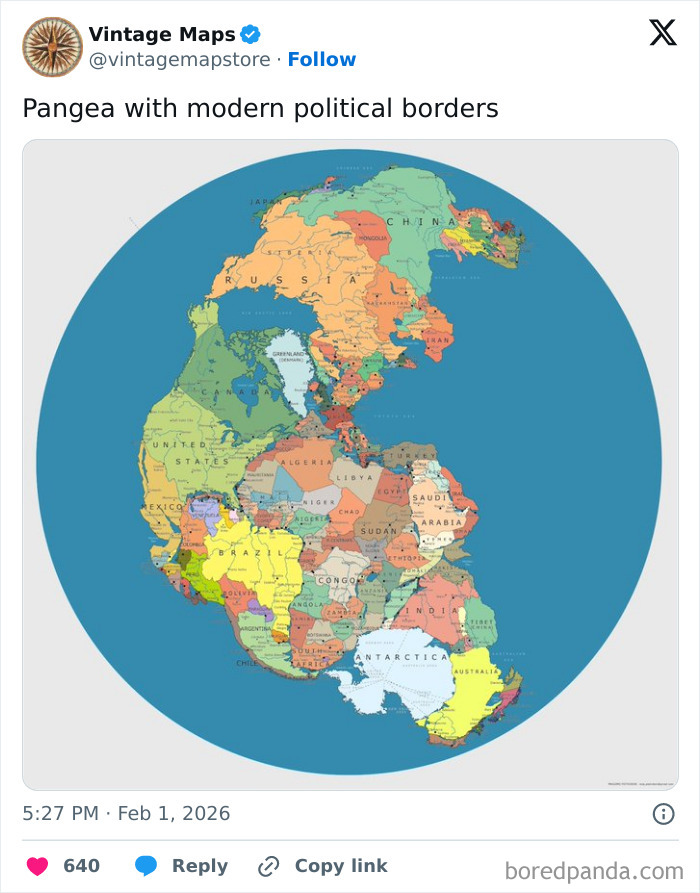 Map of Pangea featuring modern political borders showcasing cool maps and cartography enthusiasts’ interest.