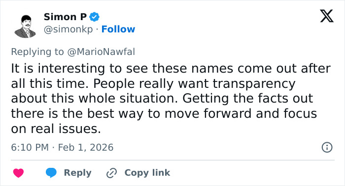Tweet by Simon P discussing the public desire for transparency on Lady Gaga&rsquo;s ties with Epstein after new files release.
