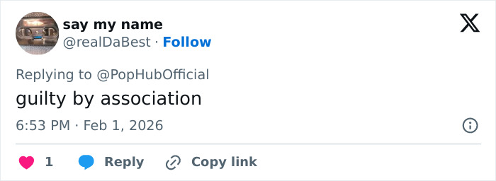 Tweet reading guilty by association, referencing Lady Gaga's ties with Epstein amid Grammy performance chatter.