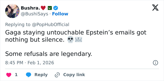 Tweet discussing Lady Gaga&rsquo;s ties with Epstein amid new files release, sparking chatter during Grammy performance.