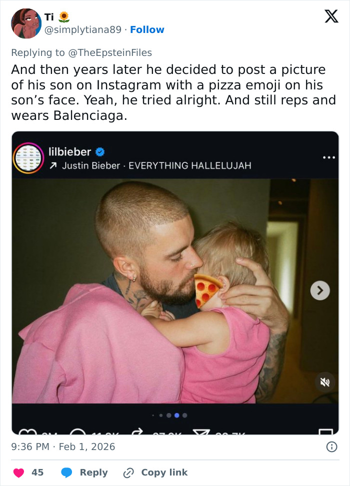 Justin Bieber holding child with pizza emoji on face, linked in disturbing Epstein theory after Yummy video.