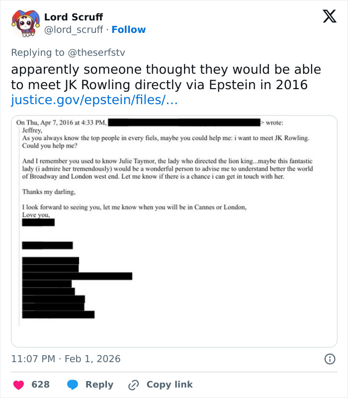 Screenshot of a 2016 email requesting to meet JK Rowling, linked to Epstein documents sparking Harry Potter fan outrage.