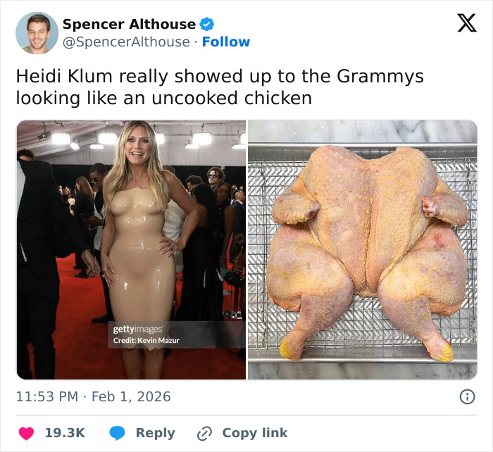Heidi Klum wearing controversial Grammys dress resembling uncooked chicken amid fierce backlash at event.