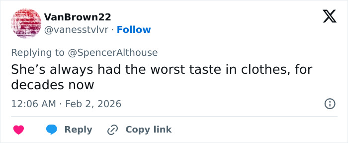 Tweet screenshot showing a user criticizing fashion taste, related to Bianca Censori and Heidi Klum Grammys look reactions.