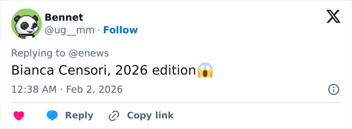 Tweet from Bennet reacting to Bianca Censori 2026 edition with shocked emoji in a Twitter reply format.