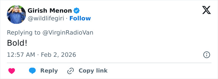 Tweet from Girish Menon reacting to bold look with a comment, relevant to body language expert analysis.