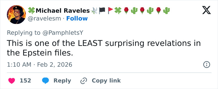 Tweet by Michael Raveles reacting to Epstein files with mention of surprising revelations, related to Epstein doc and Harry Potter fans.