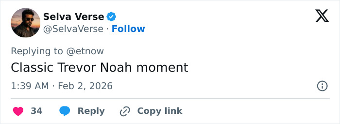 Tweet from user Selva Verse commenting on a classic Trevor Noah moment during a tense interaction with Justin Bieber. Tweet from user Selva Verse commenting on a classic Trevor Noah moment during a tense interaction with Justin Bieber.