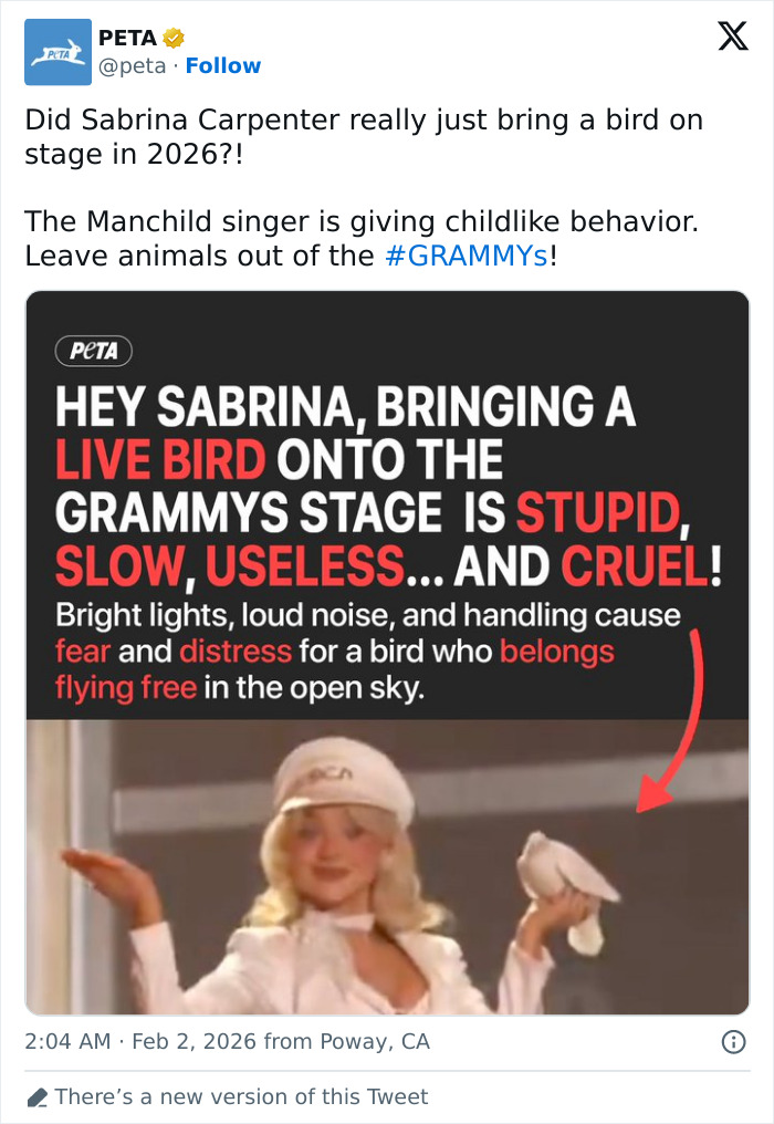 Sabrina Carpenter holding a white bird on stage, facing criticism over her 2026 Grammys performance involving live animals.