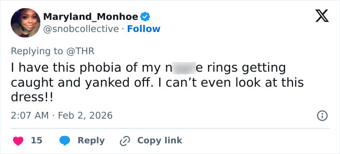 Tweet from Maryland_Monhoe expressing discomfort about a dress, related to Jamie Foxx&rsquo;s Grammy red carpet moment with Chappell Roan.