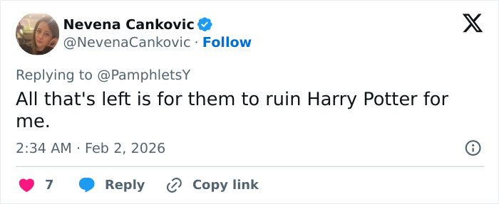 Screenshot of a tweet expressing frustration from Harry Potter fans about a newly released Epstein documentary involving JK Rowling.