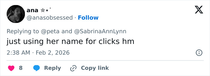 Screenshot of a Twitter reply criticizing Sabrina Carpenter&rsquo;s 2026 Grammys performance as stupid and cruel.