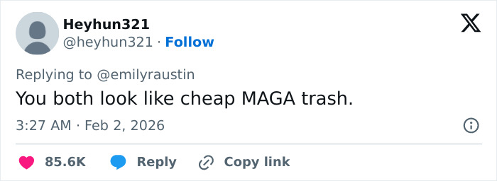 Screenshot of a social media reply mocking MAGA influencer Emily Austin&rsquo;s reaction to Billie Eilish&rsquo;s anti-ICE speech.