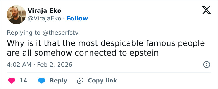 Tweet by Viraja Eko questioning the connection of famous people to Epstein, sparking Harry Potter fans' fury with JK Rowling.