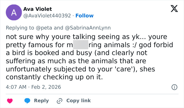 Tweet criticizing Sabrina Carpenter&rsquo;s 2026 Grammys performance, calling it stupid and cruel in a public reply.