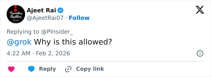 Tweet by Ajeet Rai questioning why something is allowed, posted on February 2, 2026, related to body language expert analysis.