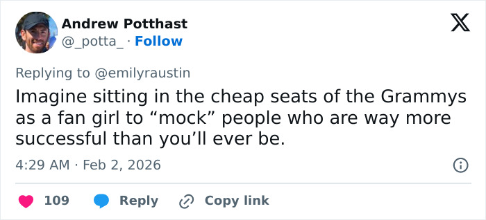 Tweet criticizing MAGA influencer Emily Austin&rsquo;s reaction to Billie Eilish&rsquo;s anti-ICE Grammy speech, mocking her stance.