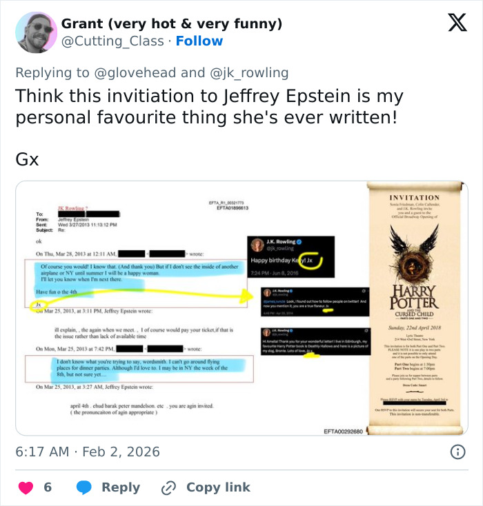 Screenshot of a Twitter post showing Epstein doc excerpts sparking Harry Potter fans furious with JK Rowling reaction
