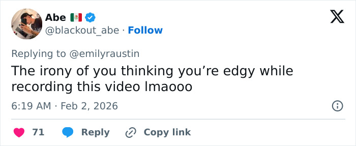 Screenshot of a Twitter reply mocking MAGA influencer Emily Austin&rsquo;s reaction to Billie Eilish&rsquo;s speech.