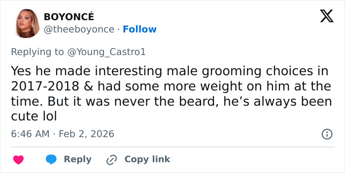 Tweet from user Boyoncé discussing Bad Bunny's male grooming choices and appearance changes over the years after Grammy win.