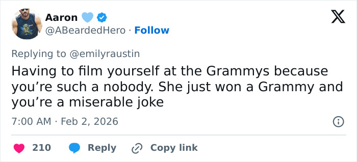 Screenshot of a Twitter reply mocking MAGA influencer Emily Austin's reaction to Billie Eilish's anti-ICE Grammy speech.