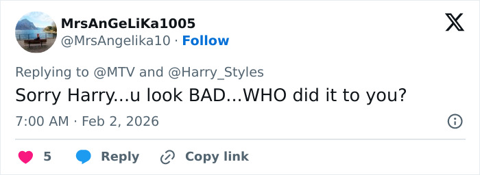 Twitter comment criticizing Harry Styles’ outfit during his on-stage appearance at the 2026 Grammys event.