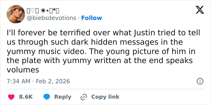 Screenshot of a tweet discussing disturbing theory linking Justin Bieber to Epstein through the Yummy music video.