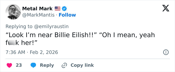 Tweet mocking MAGA influencer Emily Austin&rsquo;s reaction to Billie Eilish&rsquo;s anti-ICE Grammy speech with a humorous tone.
