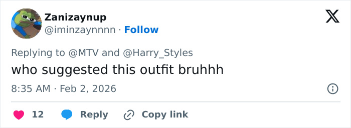 Tweet screenshot criticizing Harry Styles' outfit during his on-stage appearance at the 2026 Grammys event.