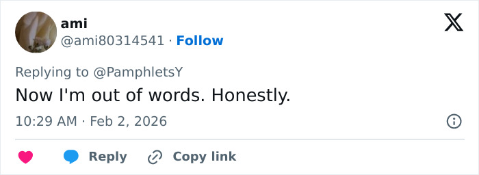 Tweet user ami replying to a discussion, expressing being out of words about newly released Epstein doc and Harry Potter fans' anger.