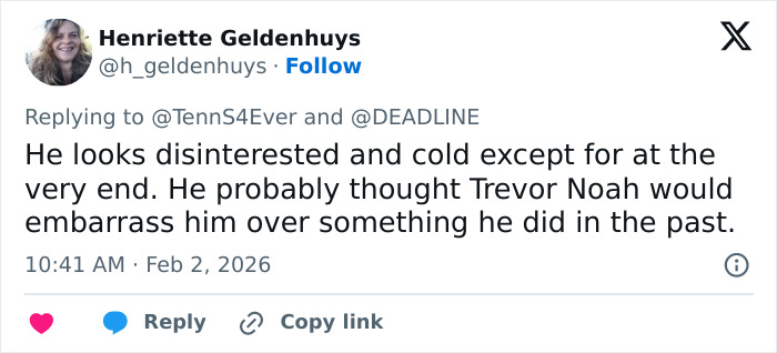 Tweet by Henriette Geldenhuys analyzing Justin Bieber's body language during a tense moment with Trevor Noah, showing disinterest and coldness. Tweet by Henriette Geldenhuys analyzing Justin Bieber's body language during a tense moment with Trevor Noah, showing disinterest and coldness.