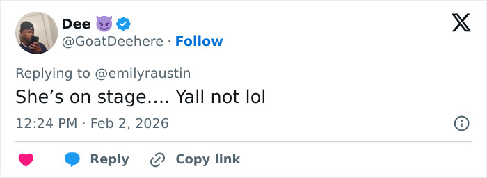 Screenshot of a Twitter reply mocking MAGA influencer Emily Austin's reaction to Billie Eilish's anti-ICE Grammy speech.