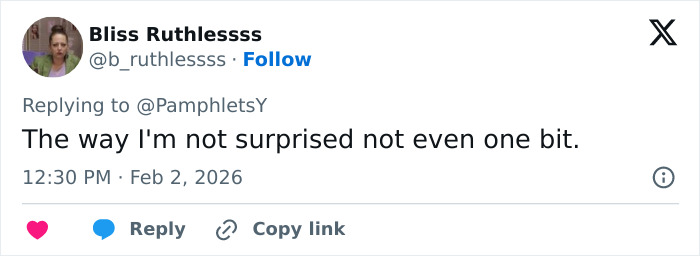 Screenshot of a Twitter reply from Bliss Ruthlesss expressing unsurprised reaction to Epstein doc angering Harry Potter fans.