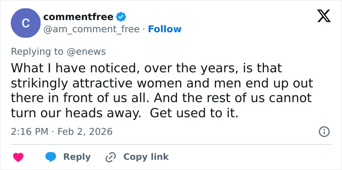 Tweet by commentfree discussing the public reaction to strikingly attractive people, related to Grammys dress backlash.