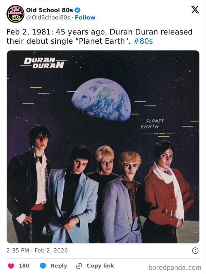 Duran Duran band members posing on album cover with Earth in background, popular 80s music nostalgia fan page.