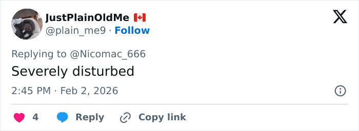 Tweet reply from user JustPlainOldMe stating severely disturbed, posted on Feb 2, 2026. Son of Norway's Crown Princess enters plea keyword context.