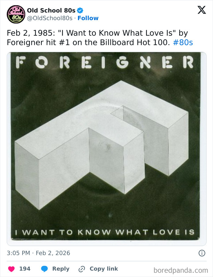 Vintage 80s music post showing Foreigner album cover with song I Want to Know What Love Is on popular 80s nostalgia page.