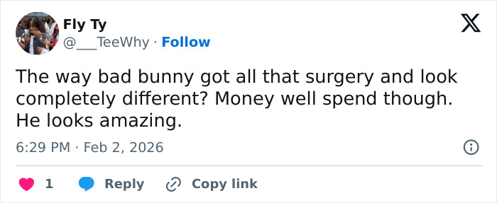 Tweet discussing Bad Bunny's immaculate transformation after his historical Grammy win, praising his new look and surgery results.