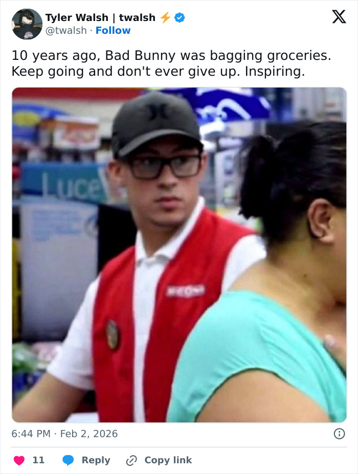 Young Bad Bunny wearing glasses and a cap, bagging groceries, highlighting Bad Bunny's immaculate transformation after Grammy win.