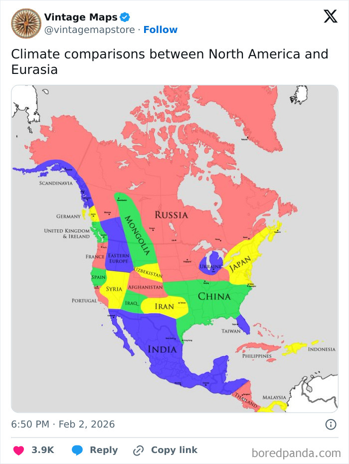 Climate comparison map of North America and Eurasia highlighting temperature zones with country labels and color codes.