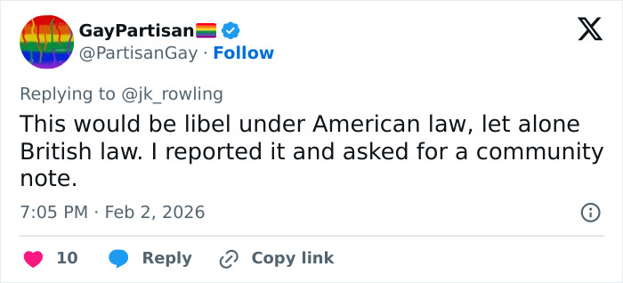 Twitter reply from user GayPartisan discussing legal implications related to J.K. Rowling and Jeffrey Epstein accusations.