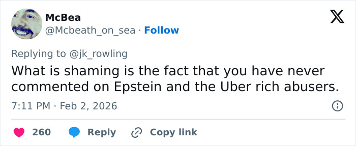 Screenshot of a social media reply about J.K. Rowling addressing Jeffrey Epstein accusations and related controversies.
