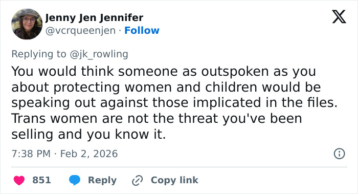 Tweet criticizing J.K. Rowling's stance on protecting women and children amid Jeffrey Epstein accusations debate.