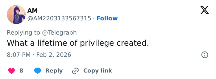 Tweet from user AM replying to Telegraph stating what a lifetime of privilege created, related to Son of Norway's Crown Princess court charges.