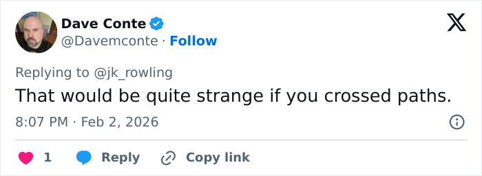 Screenshot of a tweet replying to J.K. Rowling, related to discussions on Jeffrey Epstein accusations.