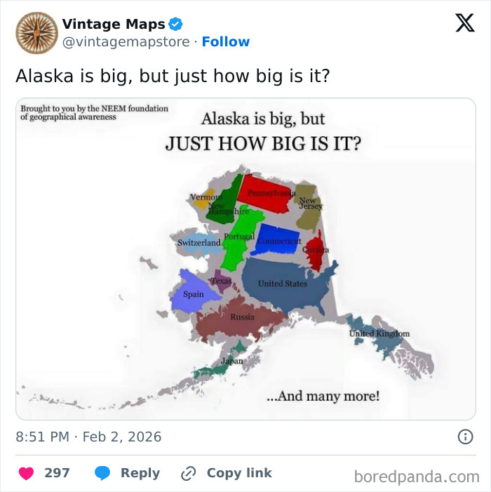 Map comparing Alaska's size to various countries and US states, featured in cool maps for cartography enthusiasts.