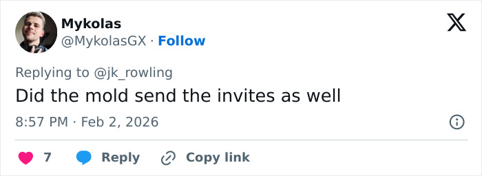 Social media response to J.K. Rowling addressing Jeffrey Epstein accusations, featuring a comment and user details.